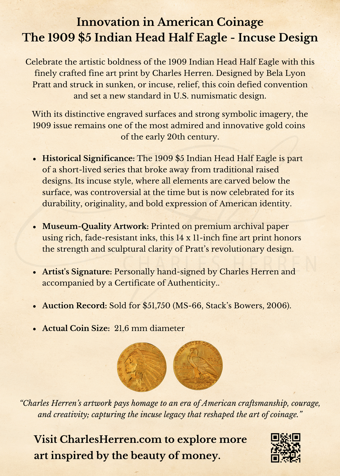 1909 $5 Indian Head Half Eagle Fine Art Print