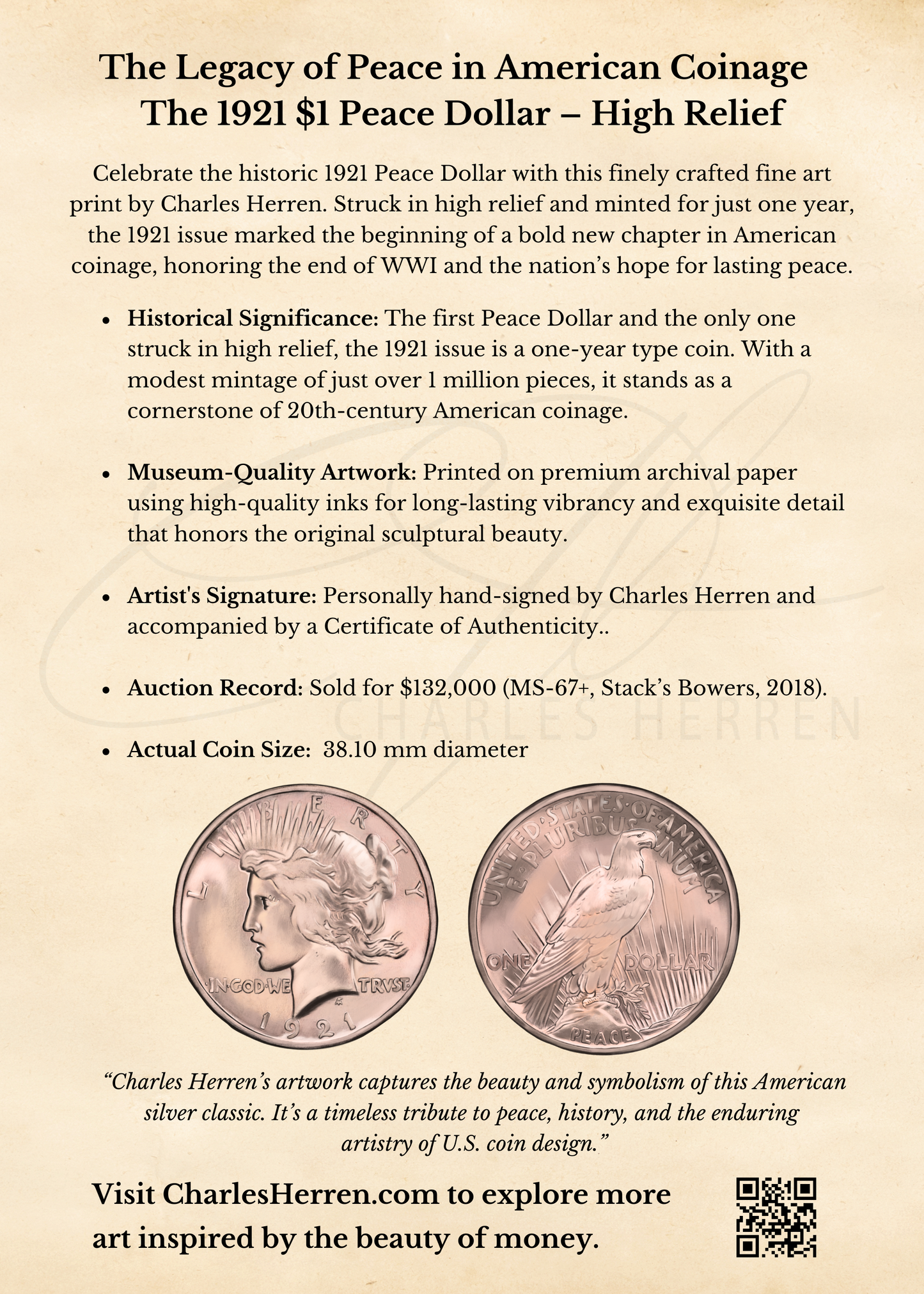 1921 Peace Dollar Fine Art Print (Hand-Signed by Artist)